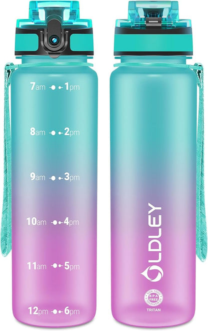 OLDLEY 32 oz Water Bottle, Motivational Water Bottle with Time Marker, Sports Water Bottle With Strap, Leakproof & BPA Free Large Water Bottles for School, Gym, Travel,Tritan,Green&Purple