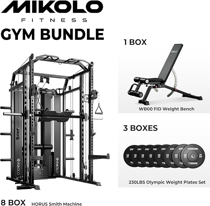 Mikolo Smith Machine with Weight Stack, Power Cage Home Gym System with LAT Pulldown & Cable Crossover, Multi-Functional Trainer with Dual Pulley System, Includes 10+ Free Attachments