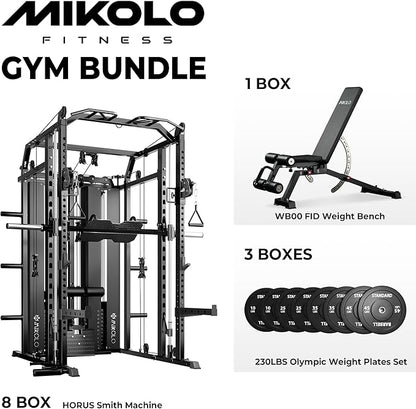 Mikolo Smith Machine with Weight Stack, Power Cage Home Gym System with LAT Pulldown & Cable Crossover, Multi-Functional Trainer with Dual Pulley System, Includes 10+ Free Attachments