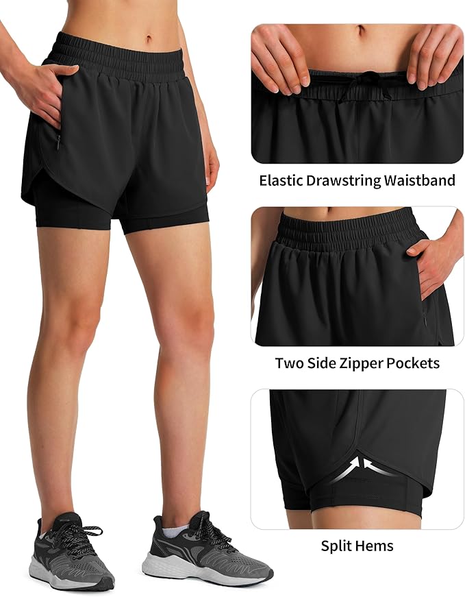 Ksmien Women's 2 in 1 Running Shorts Quick Dry Athletic Gym Workout Shorts with Liner Phone Pockets