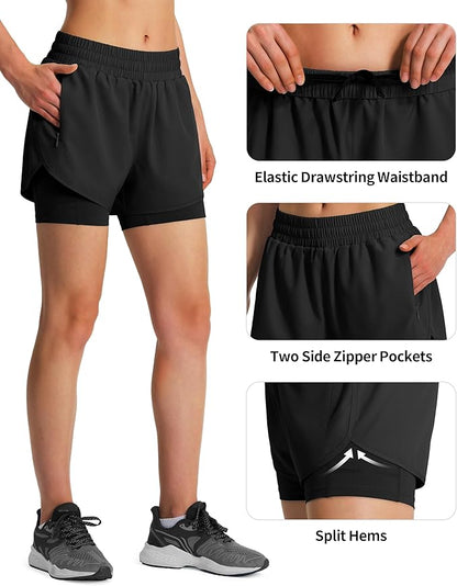 Ksmien Women's 2 in 1 Running Shorts Quick Dry Athletic Gym Workout Shorts with Liner Phone Pockets