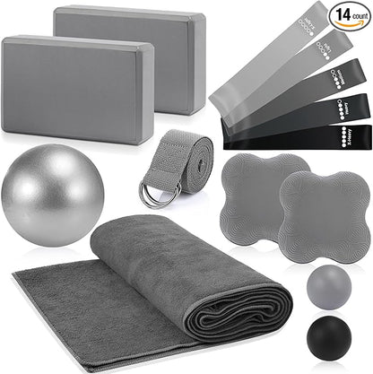 14 Pcs Yoga Kits for Home Workouts Pilates Equipment Set for Women Beginners, Hot Yoga Towel Blocks Strap, Knee Pad, Resistance Loop Exercise Band, Massage Lacrosse Ball, Pilates Ball