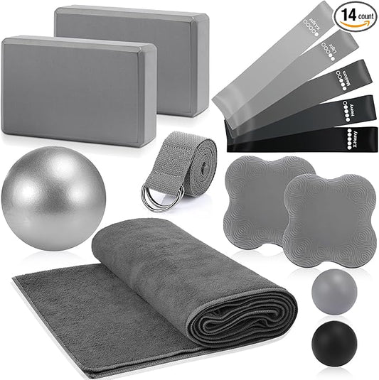 14 Pcs Yoga Kits for Home Workouts Pilates Equipment Set for Women Beginners, Hot Yoga Towel Blocks Strap, Knee Pad, Resistance Loop Exercise Band, Massage Lacrosse Ball, Pilates Ball