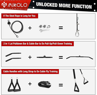 Mikolo Upgraded Weight Lift Pulley System - LAT Pulley Attachments with Adjustable Length Cable for Full Body Training, Home Gym Set