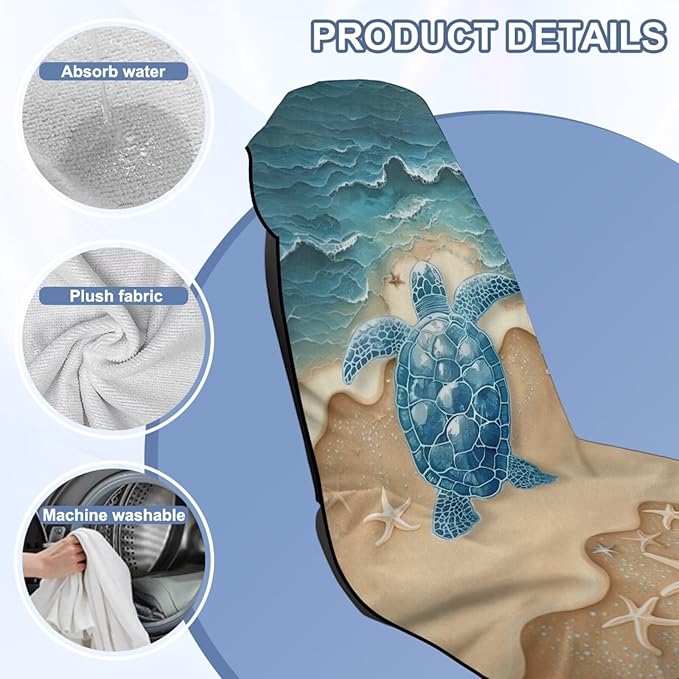 Bulopur Removable Car Sweat Towel Front Seat Cover Beach Sea Turtle Bucket Car Towel Seat Cover for Post Gym Workout Running Swimming Beach Hiking