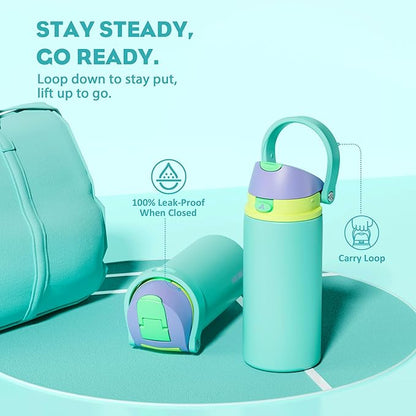 POWCAN 18 oz Insulated Water Bottle: 2-in-1 Push-Button Spout & Quick-Flip Straw, Leakproof, Cold 24Hrs, Fits Car Cup Holder, Stainless Steel Sports Water Bottle, Gift for Women, Girls (Sea Princess)