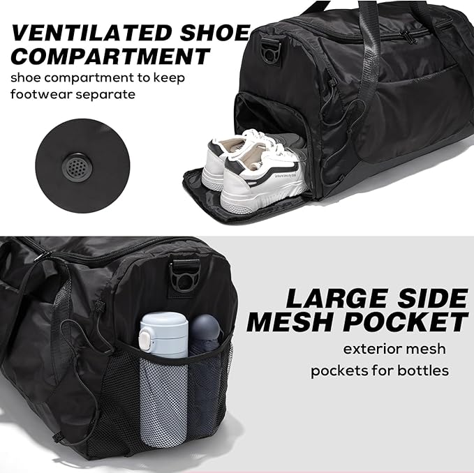 Gym Bag for Women Men Duffle Bag for Travel with Shoes Compartment and Wet Pocket Small Carry on Weekender Bags for Sports Overnight Fitness Yoga Dance Workout Swimming Hospital Tote (Black)