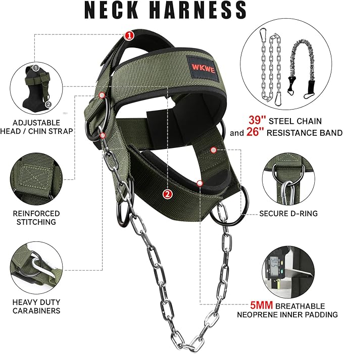 Neck Harness for Increases Neck Core Strength - Neck Exerciser with 30" Heavy Duty Steel Chain for Safely Lifting Weights Up to 280 lbs, Adjustable Head with Nylon Tether and 2 Carabiners