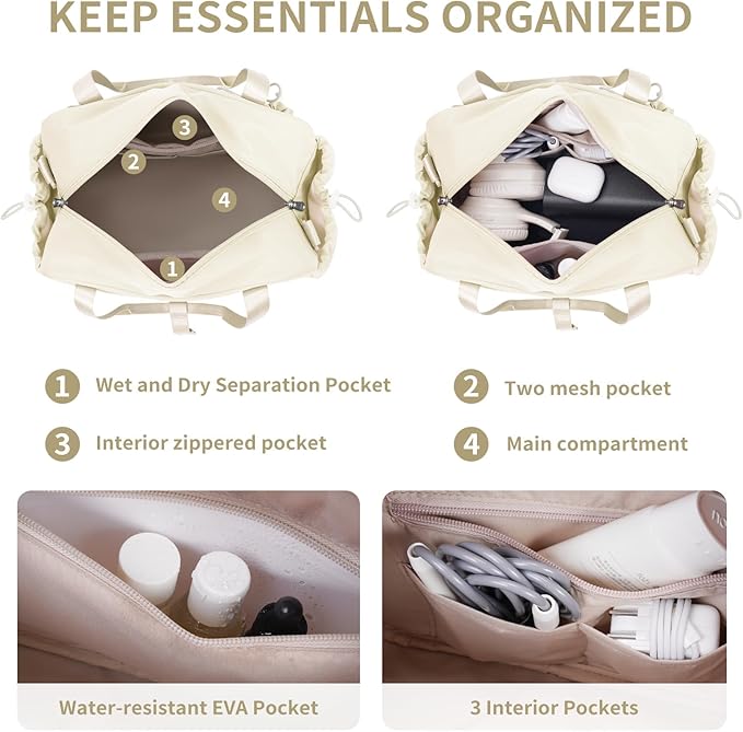 ECOHUB Small Gym Bag for Women, Mini Gym Duffle Bag with Wet Compartment, Bowknot Sports Bag, Cute Gym Tote Bag Dance Yoga Workout Travel Bags Beige