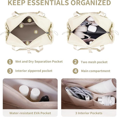 ECOHUB Small Gym Bag for Women, Mini Gym Duffle Bag with Wet Compartment, Bowknot Sports Bag, Cute Gym Tote Bag Dance Yoga Workout Travel Bags Beige