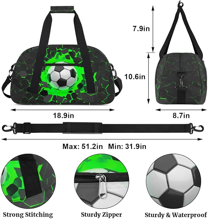 Green Soccer Kids Duffel Bag for Boys, Football Sports Gym Bag Overnight Travel Weekender Bag Lightweight Carry On Sleepovers Bag for School Practice Gymnastics