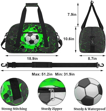 Green Soccer Kids Duffel Bag for Boys, Football Sports Gym Bag Overnight Travel Weekender Bag Lightweight Carry On Sleepovers Bag for School Practice Gymnastics