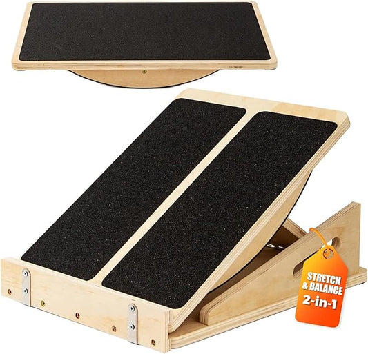 2-in-1 Wooden Balance Board with Adjustable Incline (15°–35°) – Slant Board & Calf Stretcher for Balance Training, Core Strength, and Ankle Mobility – Solid Wood, Non-Slip Surface, Ideal for Home Gym & Physical Therapy