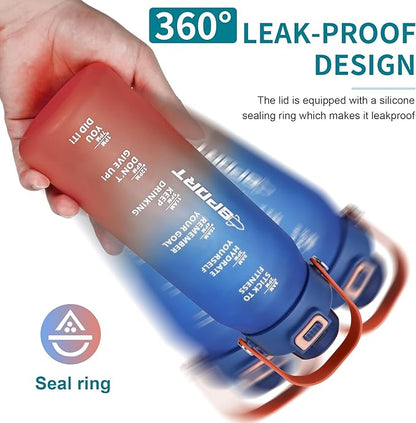 Motivational Water Bottle 32oz with Time Marker- Leakproof & BPA Free Sports Water Bottle with Straw & Carry Strap for Gym, Travel and Outdoor Sports (Blue/Orange Gradient)