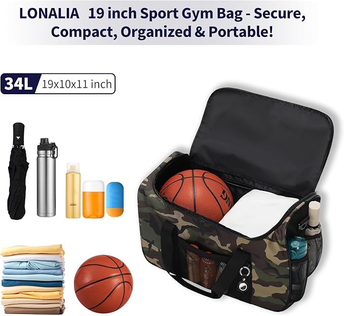 35L Sports Gym Duffle Bag - 19 inch Weekender Duffel for Workout, Basketball, Fitness, Training(Camo)