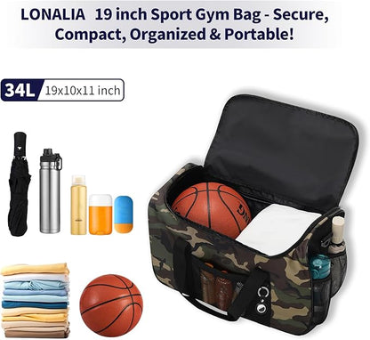 35L Sports Gym Duffle Bag - 19 inch Weekender Duffel for Workout, Basketball, Fitness, Training(Camo)