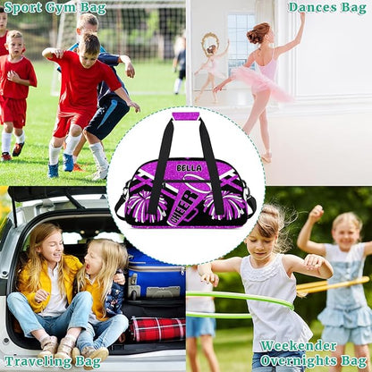 Custom Sports Duffel Cheerleaders Bag Girls, Sports Travel Bag Tote Carry On Weekender Gym Dance Cheer Sleepover Bag, Bright Purple Glitters Black