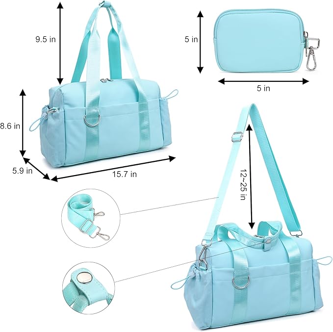 Everyday Mini Gym Bag for Women 2.0, Small Tote with Zipper Compartment Waterproof Travel Duffle Cute Handbag Workout Carry On with Removeable Shoulder Strap & Coin Wallet Easy to Clean - Blue