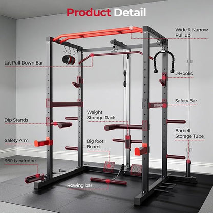 Sportsroyals Squat Rack, LAT Power Cage, Power Rack Multi-Function with Pulley System and Training Attachments for Home Gym
