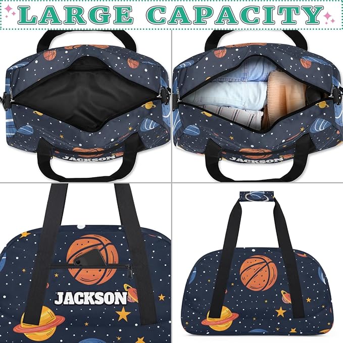 Personalized Basketball Gym Duffel Bags for Kids Boys with Custom Name Sport Training Travel Bags for Overnight Weekender, Space Star