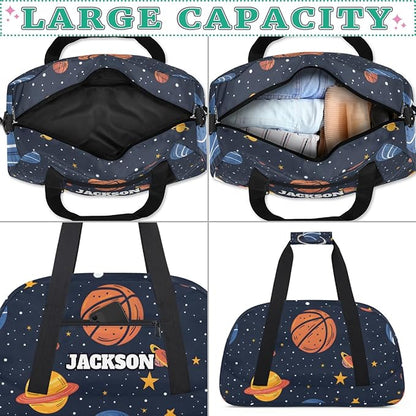 Personalized Basketball Gym Duffel Bags for Kids Boys with Custom Name Sport Training Travel Bags for Overnight Weekender, Space Star