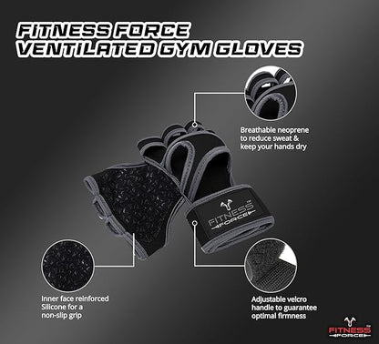 FITNESS FORCE Ventilated Weightlifting Gloves Workout Gloves for Men & Women with Built-in Wrist Wraps Fingerless Gym Gloves for Men Perfect for Exercise Fitness, Weight Lifting, Cross Training