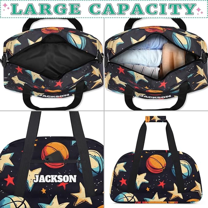 Personalized Basketball Gym Duffel Bags for Kids Boys with Custom Name Sport Training Travel Bags for Overnight Weekender, Black