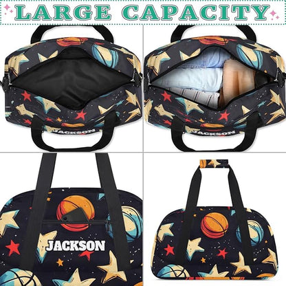Personalized Basketball Gym Duffel Bags for Kids Boys with Custom Name Sport Training Travel Bags for Overnight Weekender, Black