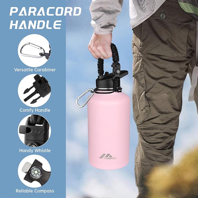 StarSpeed 64oz Insulated Water Bottle with Straws & 2 Lids, Half Gallon Stainless Steel Double Walled Vacuum Water Jug, Large Wide Mouth with Paracord Handle for Gym Camping Hiking, Pink