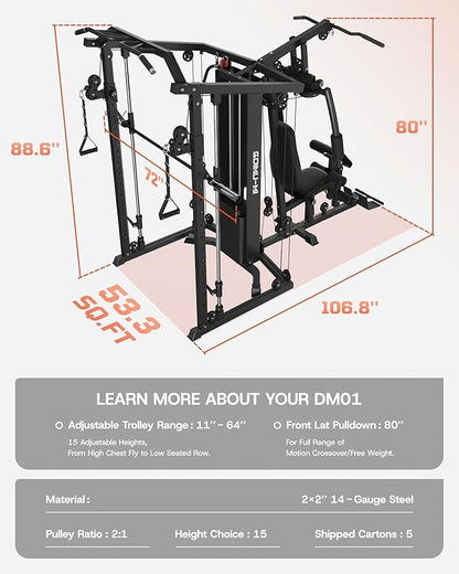 DM01 Dual-Station Smith Machine Home Gym, 140LB Weight Stack with LAT Pull-Down & Leg Press, All-in-One Workout Station for Couples & Family Strength Training