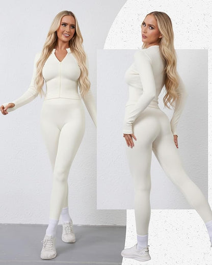 Women 3 Piece Seamless Workout Set Sports Bra High Waisted Gym Yoga Leggings Zip Up Jacket with Thumbhole Activewear