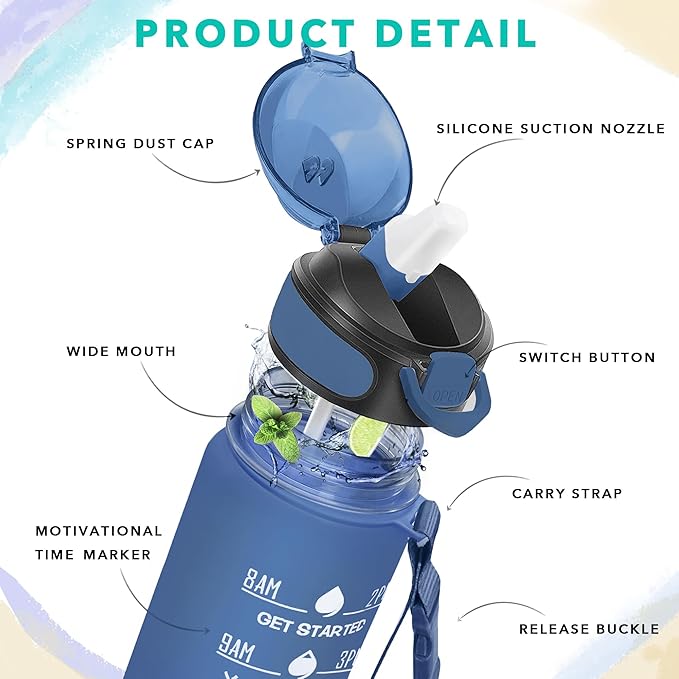 Enerbone 32 oz Water Bottle with Times to Drink and Straw, Motivational Drinking Water Bottles with Carrying Strap, Leakproof BPA & Toxic Free, Ensure You Drink Enough Water for Fitness Gym Outdoor