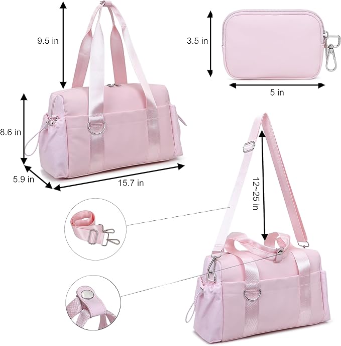 Everyday Mini Gym Bag for Women 2.0, Small Tote with Zipper Compartment Waterproof Travel Duffle Cute Handbag Workout Carry On with Removeable Shoulder Strap & Coin Wallet Easy to Clean - Pink