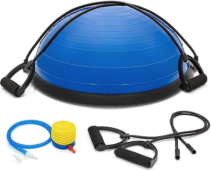 Half Ball Balance Trainer Stability Ball for Full Body Workout, Half Exercise Ball, Yoga Balance Ball Fitness Platform, Half Yoga Ball Balance Trainer Core Strength Training w 2 Exercise Handles (Blue)