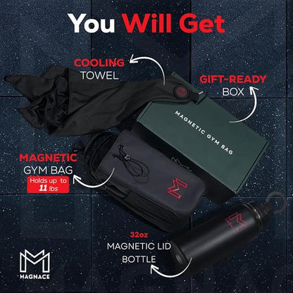 MAGNACE Magnetic Gym Bag Bundle, 3-in-1 Set with Water Bottle Holder, Magnetic Pouch, Towel & Sling Bag – For Men & Women