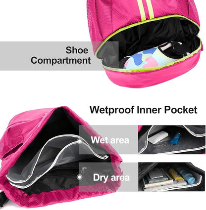 Hoedia Sports Drawstring Backpack - String Swim Gym Bag with Shoes Compartment and Wet Proof Pocket for Women and Men
