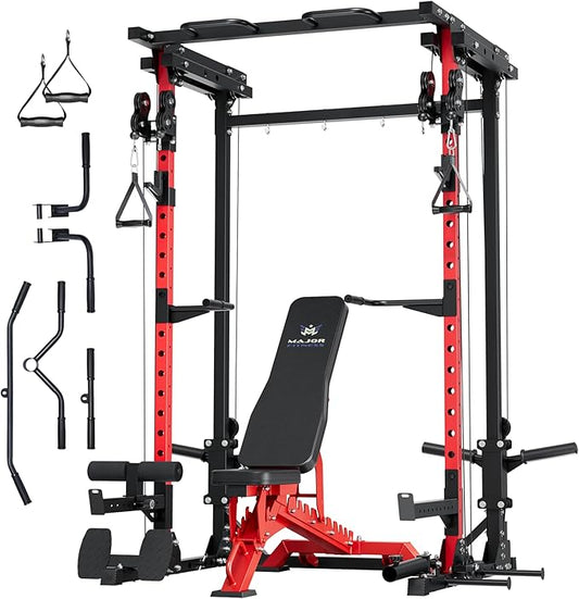 MAJOR FITNESS Drone3 Power Rack, 2500lbs Multi-Function Home Gym Squat Rack with Dual Pulley System, Pull-Up Bar & J-Hooks, Heavy-Duty Steel Frame for Maximum Stability & Strength Training