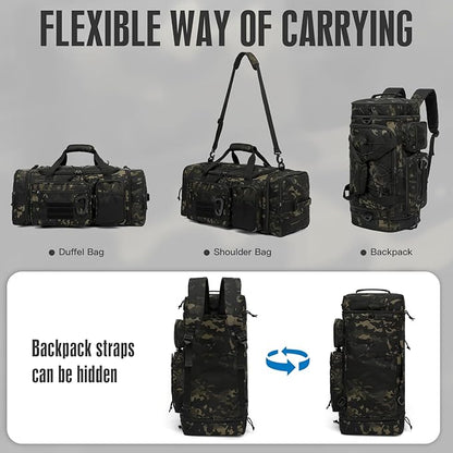 3 in 1 Tactical Gym Bag Backpack for Men 40-45L Expandable Travel Duffle Bag for Women Large Military Sport Duffel Bags Weekend Overnight with Shoe Compartment & Wet Pocket for Fitness, Camo