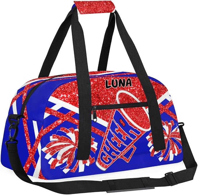 Custom Sports Gym Bag for Girls - Personalized Cheerleading, Dance, Gymnastics, Workout, Travel Overnight Duffel - Small Sleepover Bag, Red Glitters Royal Blue