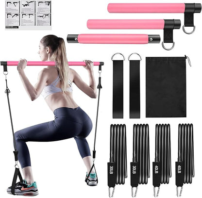 Pilates Bar Kit with Resistance Bands,Pilates Bar with Stackable Bands Workout Equipment for Legs,Hip,Waist and Arm,Exercise Fitness Equipment for Women & Men Home Gym Yoga Pilates