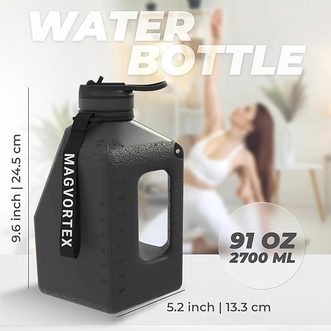 91oz Gym Daily Water Bottle Black – Large BPA-Free PETG Jug with Magnetic Plate Phone Mount, Leakproof Flip-Top Lid, Wide Mouth for Ice, Straw, Carry Strap, Stable Base, Time Marker