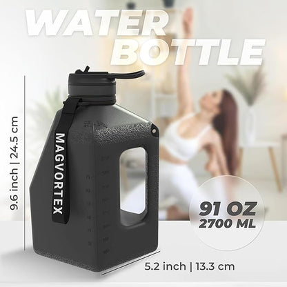 91oz Gym Daily Water Bottle Black – Large BPA-Free PETG Jug with Magnetic Plate Phone Mount, Leakproof Flip-Top Lid, Wide Mouth for Ice, Straw, Carry Strap, Stable Base, Time Marker