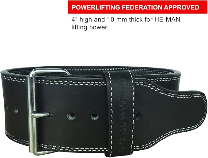 Steel Sweat Powerlifting Belt for Weight Lifting - 4" Wide by 10mm Thick - Single Prong Heavy Duty Adjustable Weightlifting Belt, High Grade Leather - BOLT Black XXL