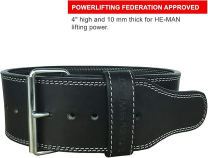 Steel Sweat Powerlifting Belt for Weight Lifting - 4" Wide by 10mm Thick - Single Prong Heavy Duty Adjustable Weightlifting Belt, High Grade Leather - BOLT Black XXL