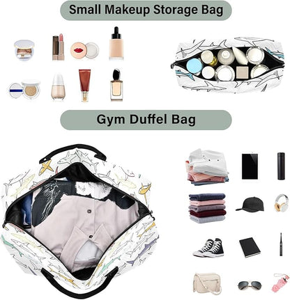 Weekender Bags Travel Duffel Gym Bag Carry on Overnight Tote Bag with Toiletry Bag for Airplane Travel Trip Gym Yoga (Drawing Sharks 2)