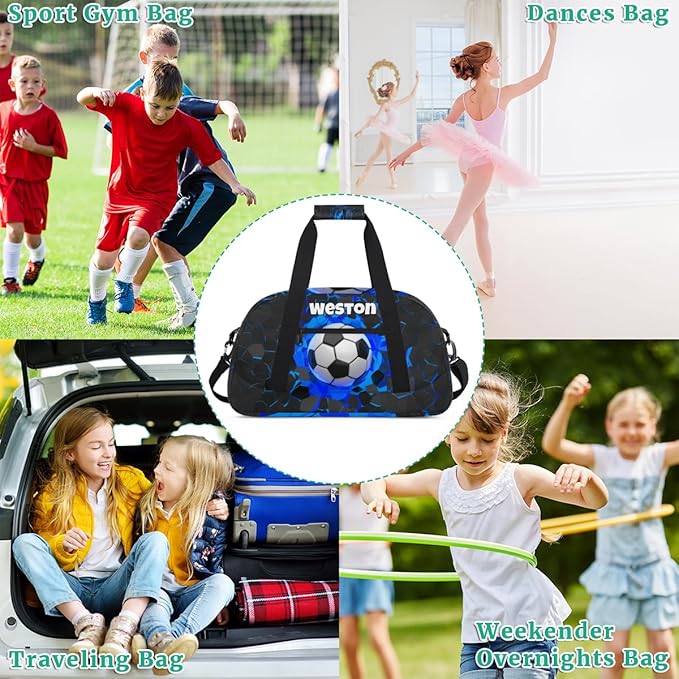Custom Name Sports Bag for Kids Boys, Personalized Gym Duffel Fitness Travel Weekender Tote Carry-On Training Perform Bag, Soccer Black Blue