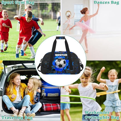 Custom Name Sports Bag for Kids Boys, Personalized Gym Duffel Fitness Travel Weekender Tote Carry-On Training Perform Bag, Soccer Black Blue