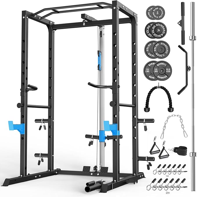 Power Cage, Multi-Functional Power Rack with J-Hooks, Dip Handles, Landmine Attachment and Optional Cable Pulley System for Home Gym