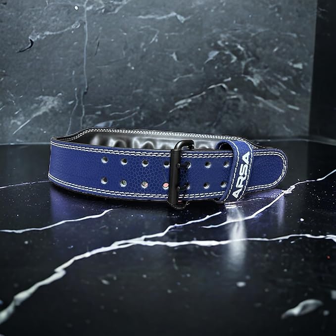Arsa Fitness Leather Weightlifting Belt for Powerlifting, Bodybuilding, Deadlifting, Squatting, Lower Back Support Adjustable Buckle for Men & Women - SKINZ Series (Dark Blue, X-Large)