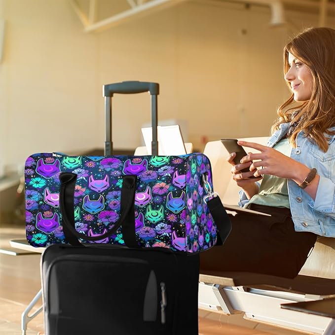 Travel Duffel Bag Flower Purple Fox Sport Tote Gym Bag Waterproof Foldable Carryon Weekend Overnight Training Handbag Sports Duffle Bags for Women Men Boys Girls